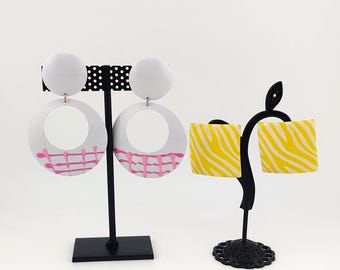 Vintage Metal Enameled Statement Earrings Yellow Animal Stripes and Pink Retro Jewelry