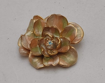 Vintage Joan Rivers Victorian- Style Cabbage Rose Pin- Clear Crystal- Hand Painted Pearlized Enamel- Vintage Designer Costume Jewelry K#1058