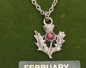 Vintage Pewter Scottish Thistle Faux Amethyst February Birthday Charm Necklace- Lucky Thistle Jewelry- Birthstone Jewelry K#837