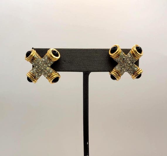 Rhinestone X-Shape Statement Earrings: Black Cabo… - image 1
