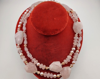 Vintage 925 Sterling Silver Rose Quartz, Shell & Pink Pearl Beaded Long Statement Necklace (37")