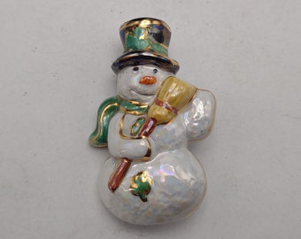 Handmade Ceramic Vintage Christmas Puffy Snowman with Shamrocks Holiday Brooch- Cute Snowman Collector Gift- Holiday Gift Topper K#791