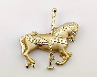 Vintage 1980s Carousel Horse Brooch Matte and Polished Gold Tone Figural Carnival Statement