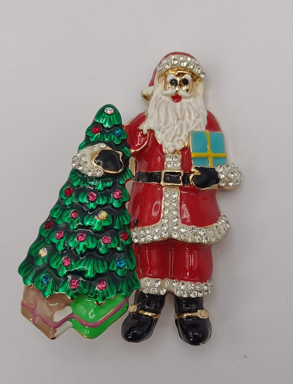 Santa and Christmas Tree Pin- Rhinestone Santa Pi… - image 2