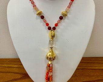 DIANE VON FURSTENBERG Pink, Orange and Red Glass Beaded Tassel Necklace Item K # 2960