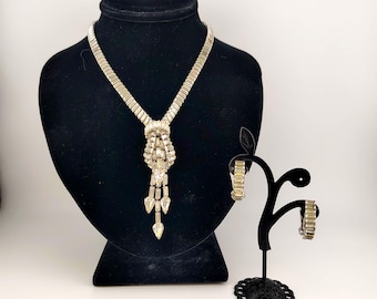 Vintage 1950s Silver Tone Baguette Rhinestone Dangling Fringe Necklace Earring Set