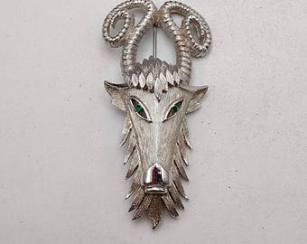 Vintage Vendome Aries Ram Brooch: Silver-Tone Zodiac Pin with Rhinestone Eyes