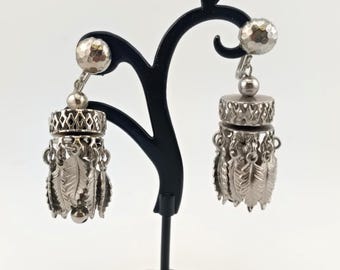 Vintage Silver-Tone Dangling Statement Screw-Back Earrings with Leaf and Ball Dangles