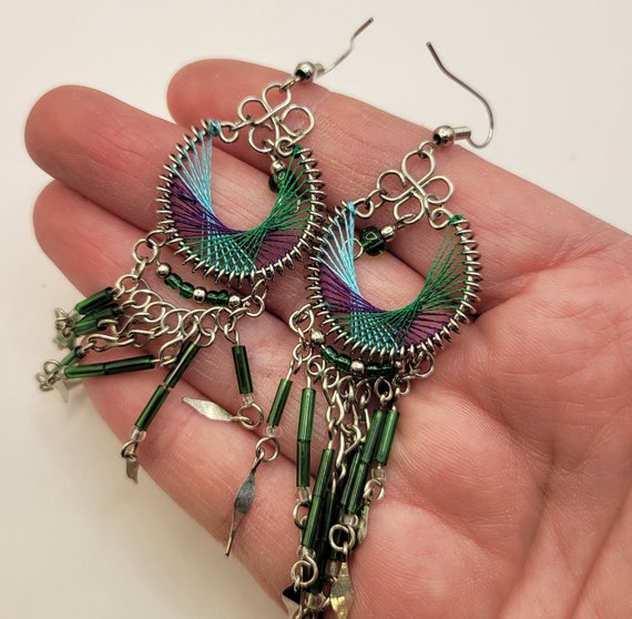 Hand Made Woven Beaded Dangle Earrings - Green, P… - image 8