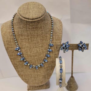 Weiss Blue Rhinestone Necklace, Bracelet and Earring Set - Matching Sets - Signed Designer Jewelry - Prong Set Rhinestone Jewelry - K#2420