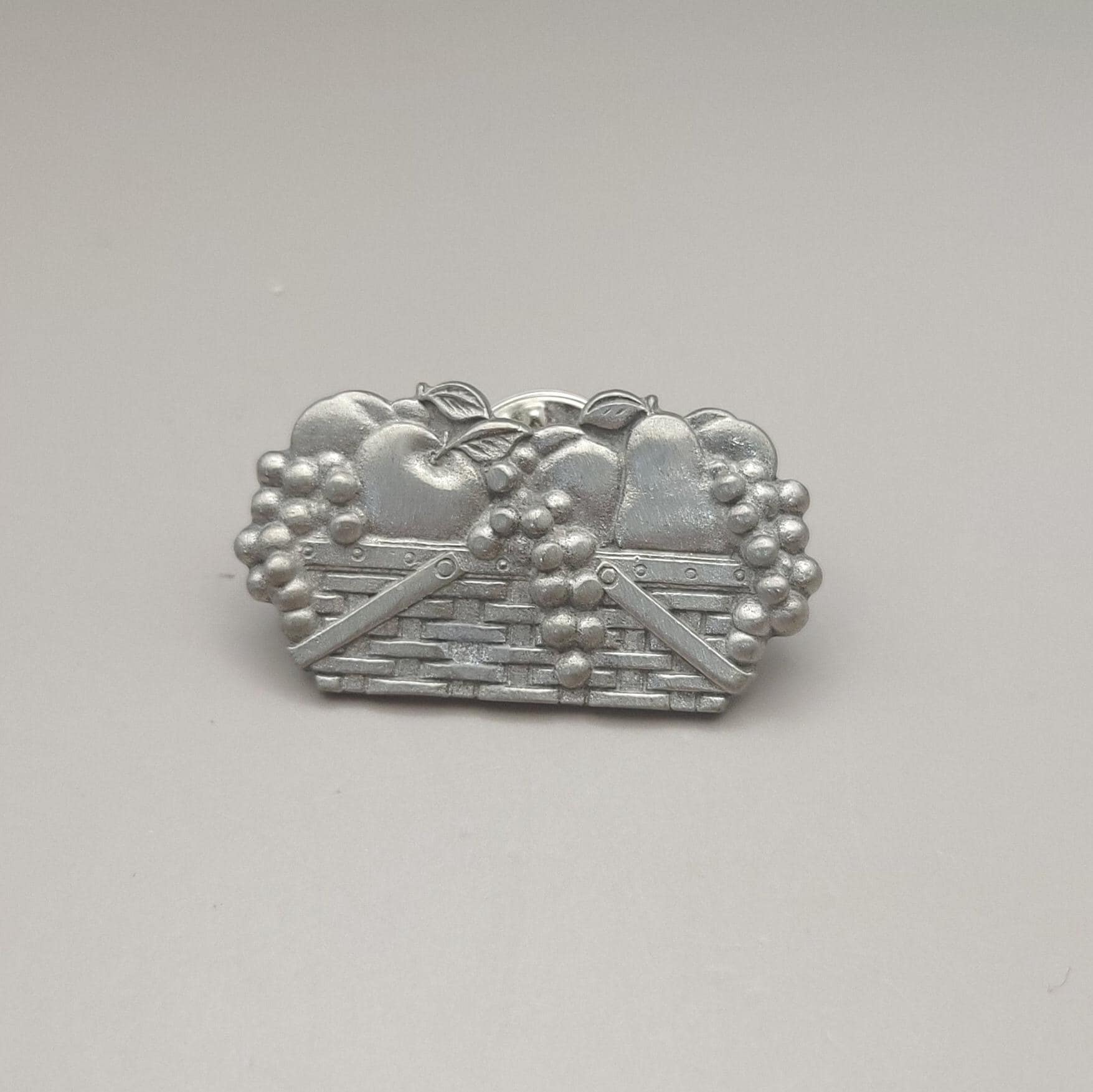 Basket of Fruit Silver Tone Pin - Fruitful Harvest Pin - Apples and Grapes in a Basket Brooch - Vintage Bounty in a Basket Brooch - K#175