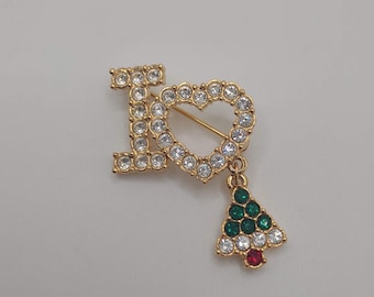 I Love Christmas Pin- I &lt;3 Christmas- Rhinestone Christmas Pin- Vintage Holiday Pin- Rhinestone Christmas Pin- Christmas Tree- Fun Pin K#561
