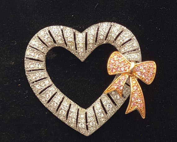 Vintage Joan Rivers Sparkling Heart with Pink Bow… - image 2