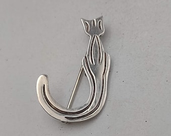 925 Sterling Silver Cat Marked Mexico Silver Pin- J Initial Kitty Cat- Cat Lover Gift- Mother's Day Gift- Animal Lover Brooch K#710