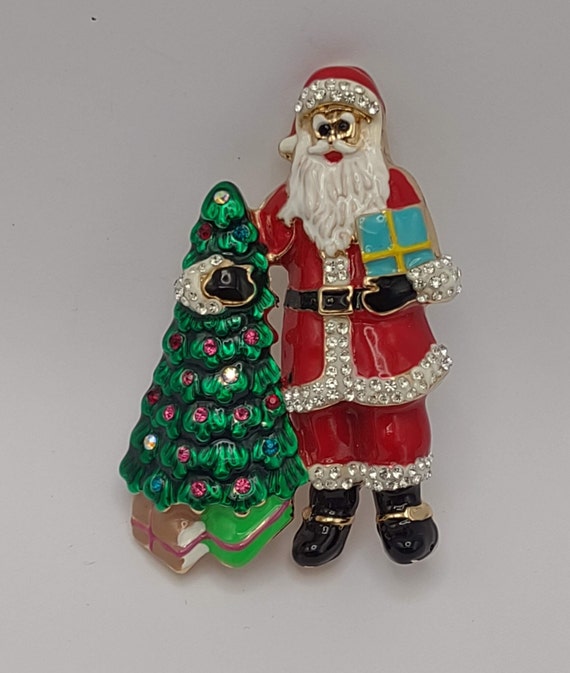 Santa and Christmas Tree Pin- Rhinestone Santa Pi… - image 8