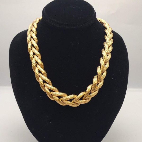 Elegant Chunky Textured Gold Plated Statement Collar Necklace- Vintage Costume Jewelry- Unique Link Chain Necklace K#1040