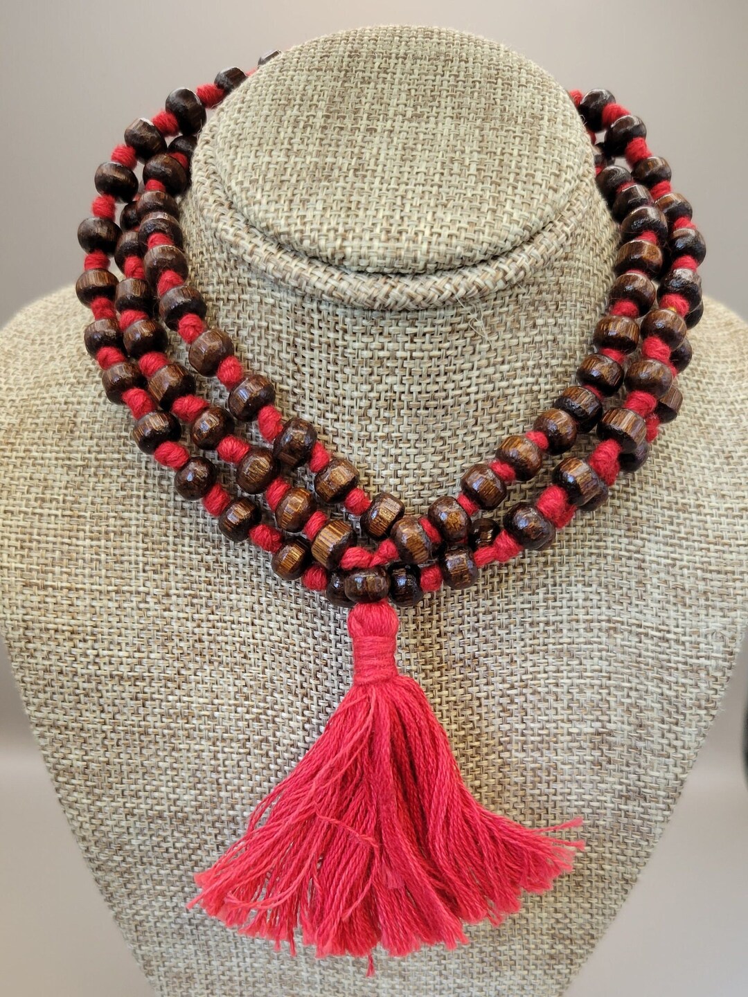 Wooden Beaded Necklace With Red Tassel- Vintage Wooden