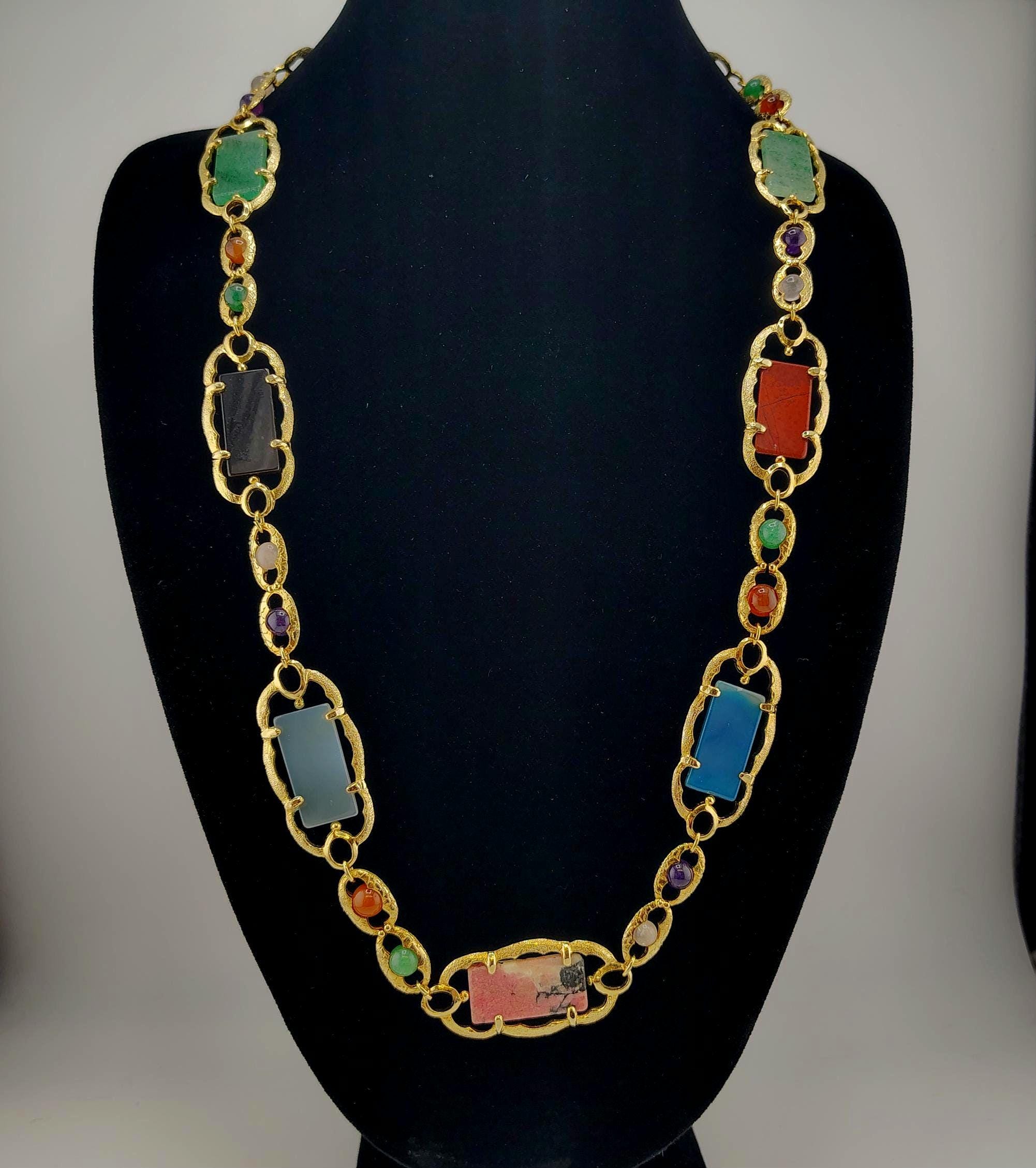Vintage Multi Gemstone Link Necklace Gold Tone Colorful Statement- Retro Bohemian Fashion Long Necklace- Chunky Gemstones K#272