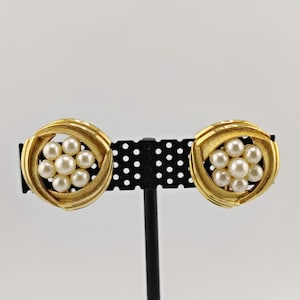 Crown Trifari Vintage Textured Gold Tone and Faux Pearl Floral Statement Clip On Earrings- Vintage Designer Costume Jewelry- K#965