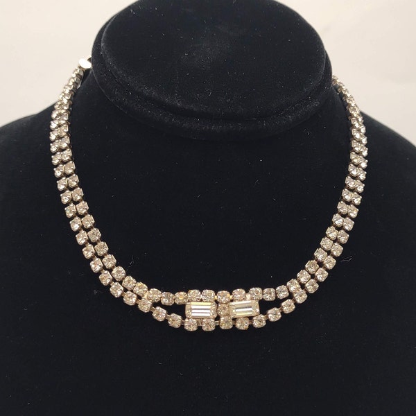 1950s Pin Up Style Rhinestone Expandable Choker Necklace- Silver Tone Metal Clear Rhinestones- Prom Jewelry Necklace K#1040