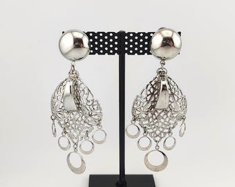 Vintage 1950s Silver Tone Filigree Statement Screw Back Earrings Hoop Dangles Mid Century Non-Pierced