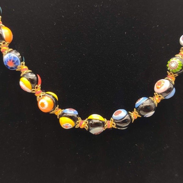 Vintage Italian Glass Beaded Milli Fiori Necklace- Hand Knotted Between Beads- Venetian Glass Beads- Floral Murano Glass Necklace K#1027