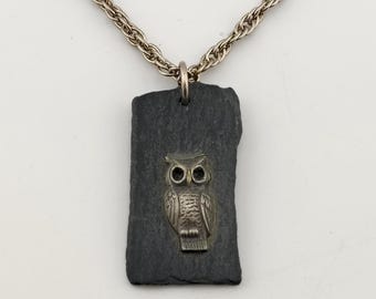 Vintage Owl Pendant Necklace with Shale Stone & Silver-Tone Chain