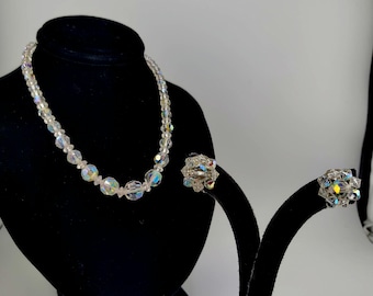 1950s Aurora Borealis Bead Necklace and Earrings - Vintage Wedding Jewelry