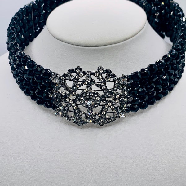 Retro Rhinestone Black Glass Beaded Wide Collar Necklace Item K # 3179