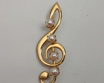 Vintage Treble Clef Musical Note With Pearls Brooch- Gift for Music Lover- Music Teacher Gift- Gold Plated- June Birthstone Pearls K#780