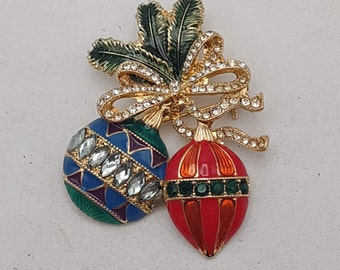 Liz Claiborne LC Sparkling Christmas Holiday Ornaments Pins- Enameled Rhinestone Christmas Ball Brooch- Vintage Costume Jewelry K#1019