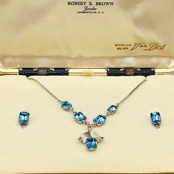 VAN DELL Crystal Earrings and Necklace - Sterling Silver Blue and Clear Crystal Necklace and Earring Set - Vintage Van Deĺl Jewelry K # 3936