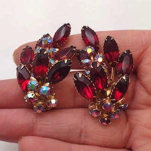 Juliana Style Ruby Red Rhinestone Clip On Earrings – Aurora Borealis Cluster