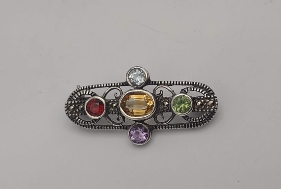 Colorful CZ Openwork Ornate Silver Brooch- .925 S… - image 4