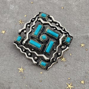 Vintage Faux Turquoise Brooch Signed Silver Tone Pin Southwestern Style Mid Century Estate Jewelry Ornate Detailed Gift for Her K#21