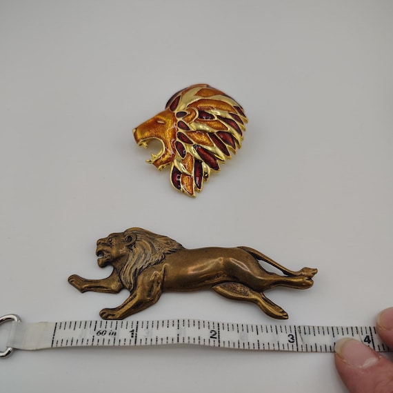 Vintage Lion Brooch Set – Enameled Head & Brass Lion View 3