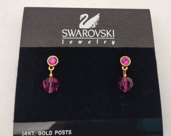 Vintage Swarovski Jewelry- Faceted Fuchsia Pink Dangle Earrings- 14Kt Yellow Gold Posts- Vintage Designer Costume Jewelry K#1074