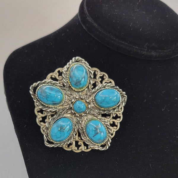 Vintage Ornate Faux Turquoise Pin - Statement Floral Brooch Done in Silver Tone Metal with Faux Turquoise Stones - Statement Brooch - K#894