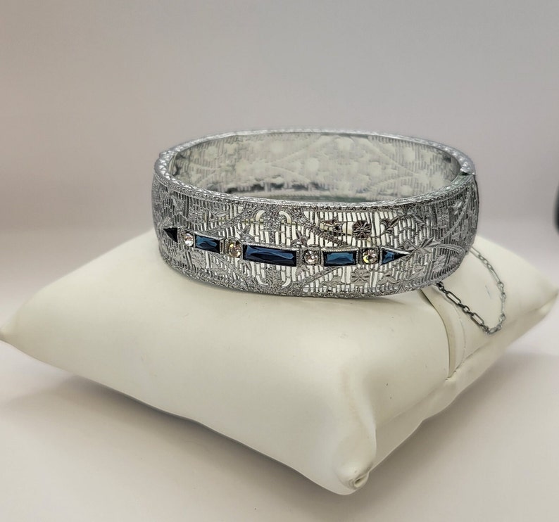 Vintage Wide Filigree Hinged Silver Tone Bangle Bracelet w Faceted Blue Glass and Clear Rhinestones Art Deco Style Wedding Jewelry-K1116 image 5