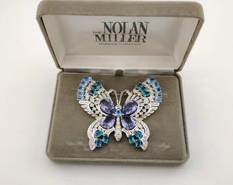 Vintage Nolan Miller Glamour Collection Blue & Purple Rhinestone Butterfly Statement Brooch with Box