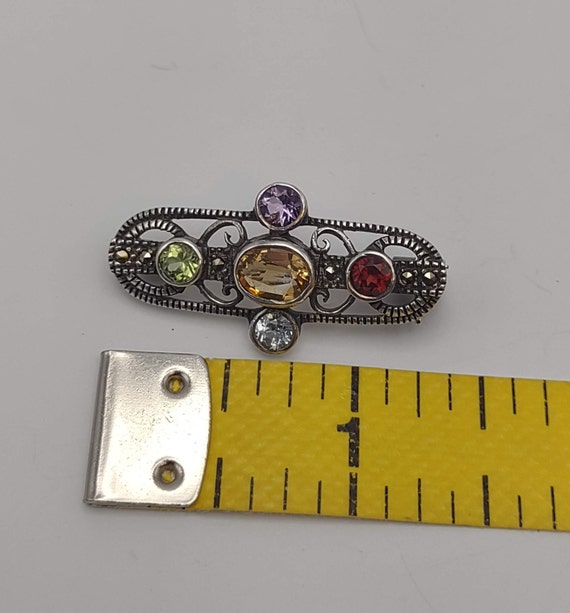 Colorful CZ Openwork Ornate Silver Brooch- .925 S… - image 7