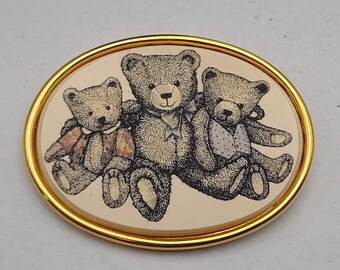 Vintage Barlow Oval Shaped Triple Teddy Bear Brooch- Cute Little Teddy Bear Family Pin- Bear Collector Gift- Vintage Costume Jewelry  K#618