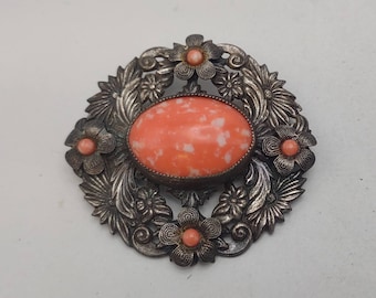 Vintage Floral Brooch - Silver Tone, Coral Cabochon