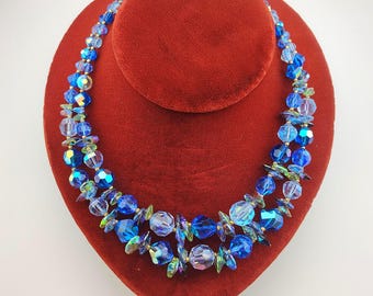 Vintage Vendome Signed Blue Aurora Borealis Double Strand Faceted Crystal Beaded Collar Necklace