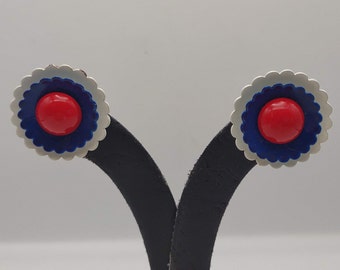 1960s Red White and Blue Flower Independence Day Clip on Earrings- Hippie Jewelry- Vintage Patriotic Earrings- Gift for Her- K#1107