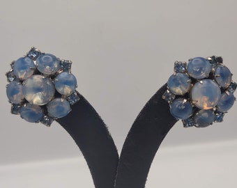 1950s Vintage Prong Set Blue Glass Cabochon and Blue Crystal Rhinestone Clip Earrings- Blue Sparkling Statement Earrings- Jewelry Gift K#751