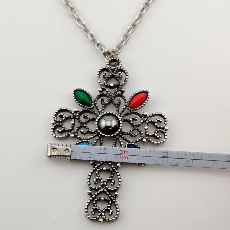Vintage Signed Avon Ornate Cross Necklace- Large Silver Tone Colorful Statement Pendant image 7