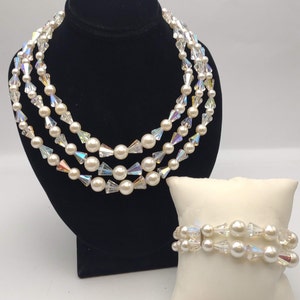 1950s Pin Up Style Vintage Aurora Borealis, Faux Pearl Bead Multistrand Matching Necklace and Bracelet with Crystal Rhinestone Clasp K#744