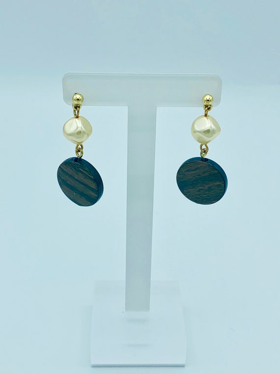 Retro Faux Pearl and Wood Dangle Earrings Item K #