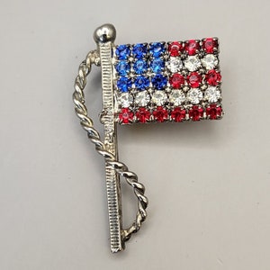 American Flag Pin with Red, White, and Blue Crystals - Patriotic Jewelry- USA Flag Pin- Prong-set Rhinestone Silver Tone US Flag Pin -K#1430